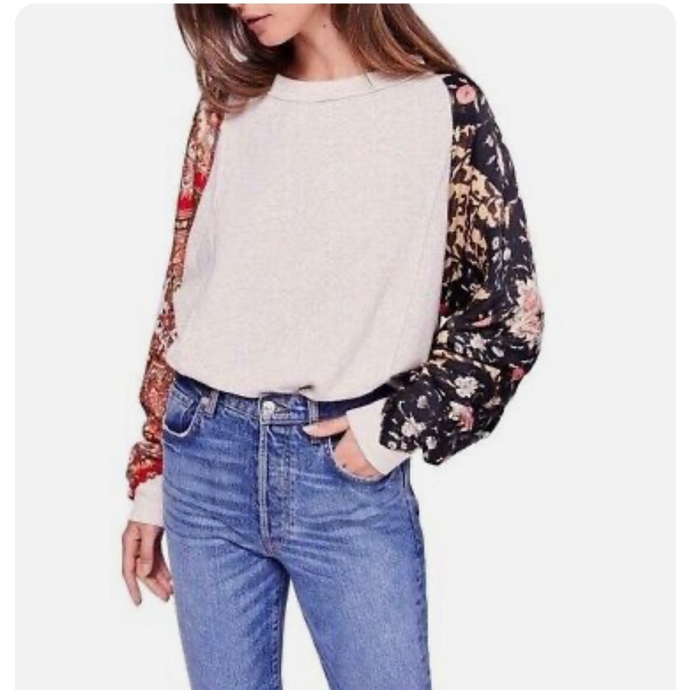 FREE PEOPLE VINTAGE AFFAIR GRAY PULLOVER PAISLEY SLEEVE SWEATER